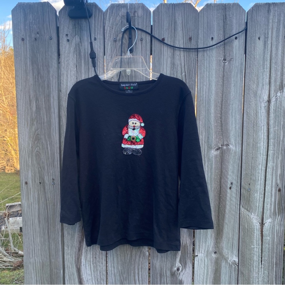 Hampshire Studio Snow Black Santa Claus Sequined Long Sleeve Top Petite Small